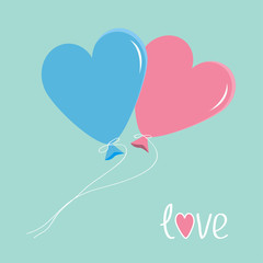 Blue and pink balloons in shape of heart. Love card.