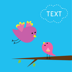 Flying bird and baby bird. Card.