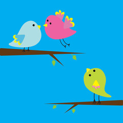 Three cartoon birds. Card.