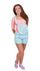 Red-haired teen girl in shorts.