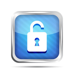 Blue striped open padlock icon on a white background
