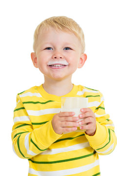 Kid Boy Drinking Yoghurt From Glass