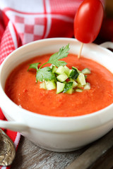 Gazpacho soup in a white tureen