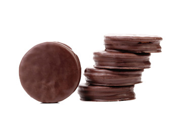 Stack biscuit sandwich with chocolate.
