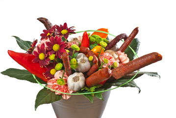 bouquet with flowers and sausages