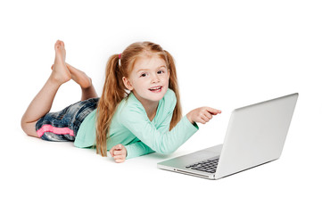 Small Girl Pointing At Laptop Computer