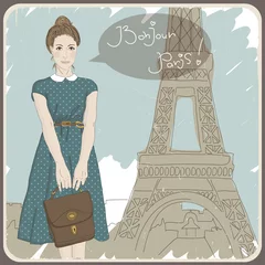 Photo sur Aluminium Illustration Paris Belle carte vintage avec une fille à la mode. Bonjour Parisien !