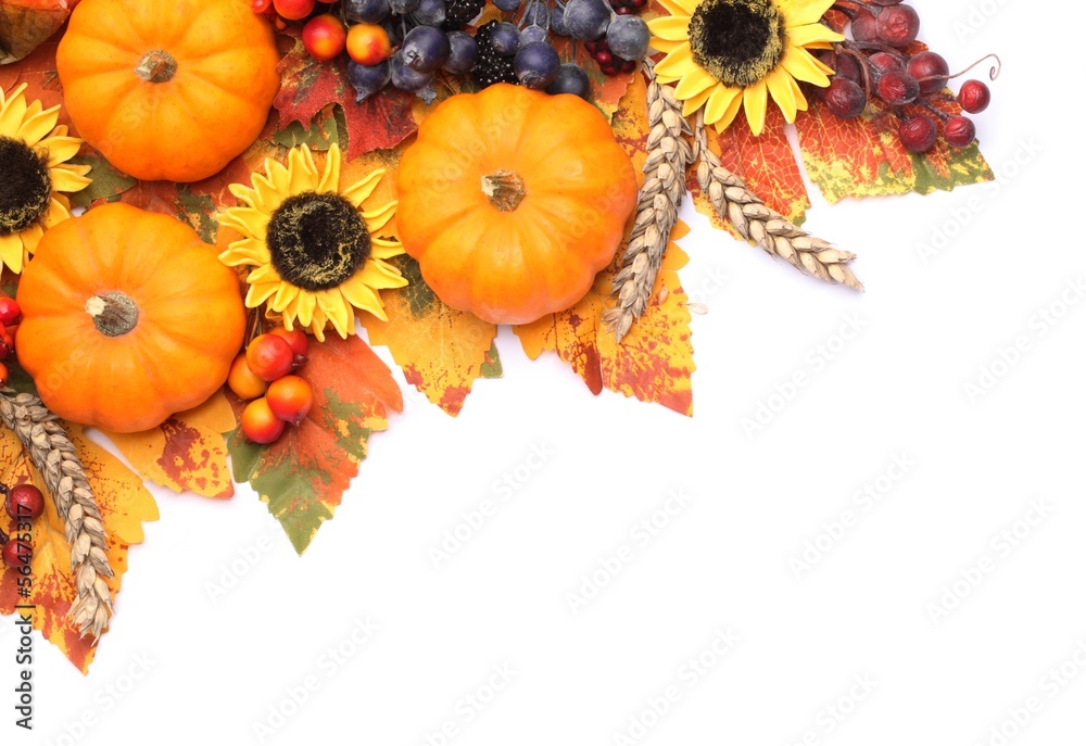 Wall mural Pumpkins and coloful autumn decorations on white background.