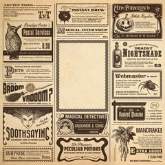 Zauberer-Zeitungsseite mit Kleinanzeigen als Halloween-Karte