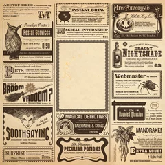 Abwaschbare Fototapete Retro Zauberer-Zeitungsseite mit Kleinanzeigen als Halloween-Karte