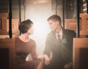 Beautiful couple inside retro train coach