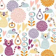 Cute colorful seamless floral vector pattern with cat and mouse