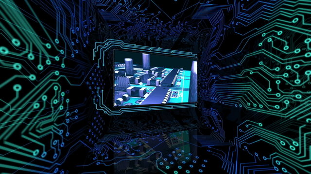 3D screens showing computing scenes with power button