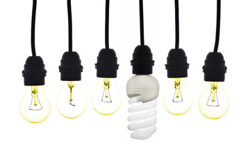 A light bulb with low consumption light bulbs hanging between