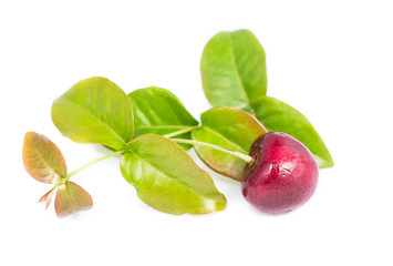 Ripe cherry berries with green leaf isolated on white background