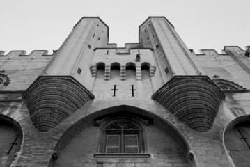 Black and white image, Popes Palace in Avignon, Provence, France