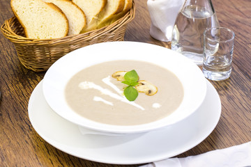 mushroom cream soup on the table in a restaurant