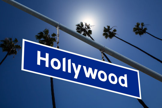 Hollywood California road sign  with pam trees  photo