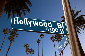 Crédence de cuisine en verre imprimé Los Angeles Hollywood Boulevard avec illustration de signe sur les palmiers