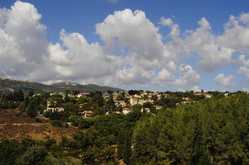Fototapeta na wymiar Pastoral Landscape with settlement on the hill, Israel