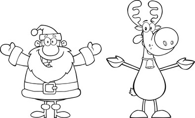 Black And White Happy Santa Claus And Reindeer