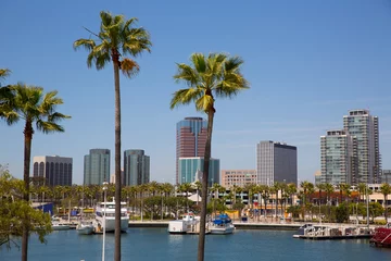 Fotobehang Long Beach California skyline van palmbomen van port © lunamarina