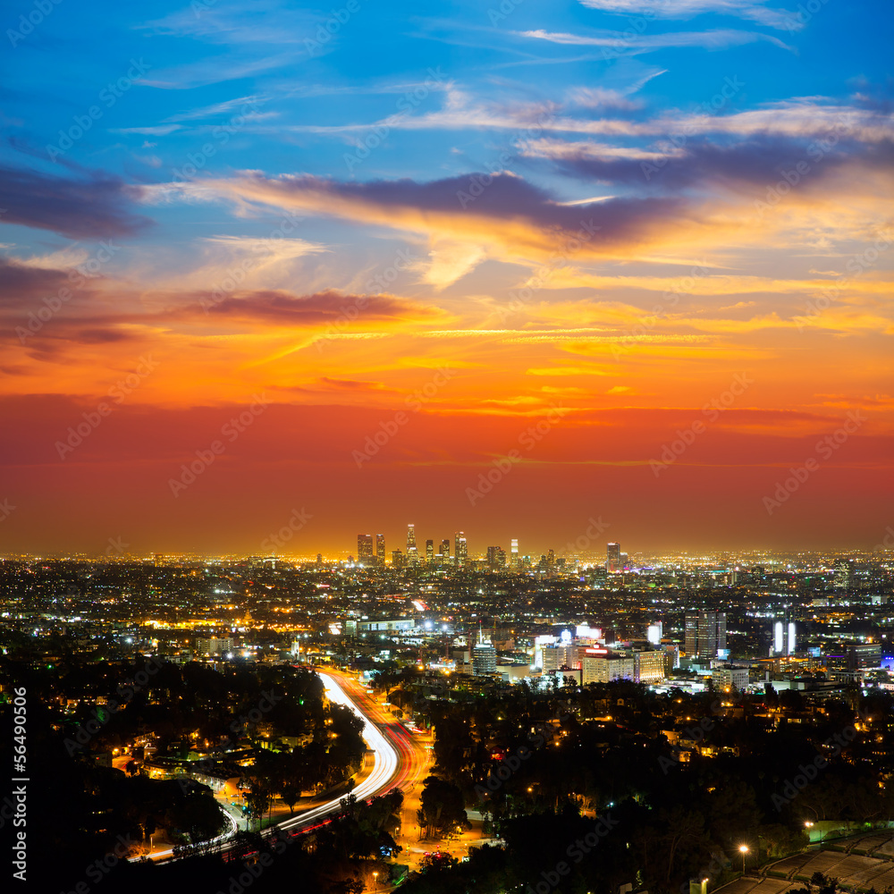 Wall mural Downtown LA night Los Angeles sunset skyline California