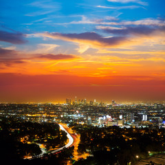 Naklejka premium Downtown LA night Los Angeles sunset skyline California