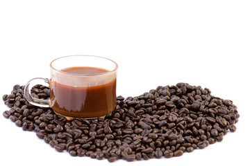 Coffee cup and beans isolated on a white background