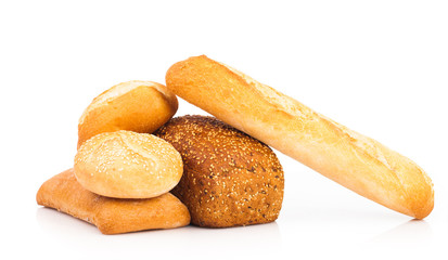 assortment of baked bread isolated on white background