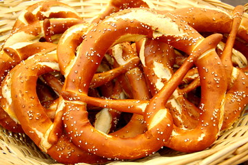 Large wicker basket and giant pretzels