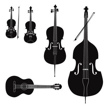 Music Stringed instruments set. Silhouette on white background.