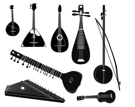 Ethnic music instruments set. Silhouette on white background.