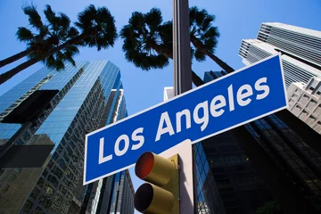 Poster Im Rahmen LA Los Angeles unterschreibt Rotlicht-Fotomontage in der Innenstadt © lunamarina