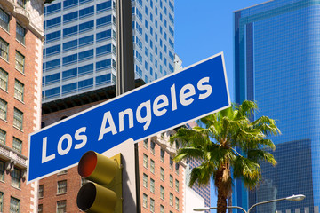 Obraz premium LA Los Angeles sign in redlight photo mount on downtown