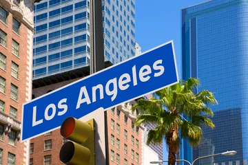 Deurstickers LA Los Angeles sign in redlight photo mount on downtown © lunamarina