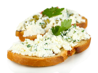 Sandwich with cottage cheese and greens isolated on white