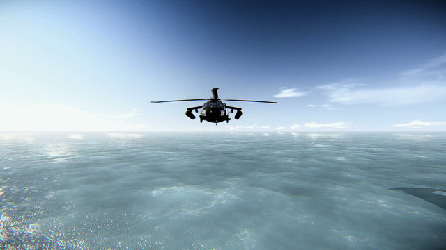 Helicopter flying over the ocean