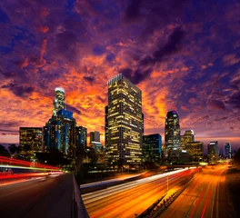 Foto auf Acrylglas Downtown LA Nacht Los Angeles Sonnenuntergang Skyline Kalifornien © lunamarina