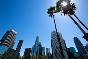 Downtown LA Los Angeles skyline Californië vanaf 110 fwy