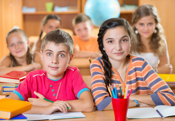 Cute schoolchildren during lesson in classroom
