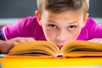 Cute schoolboy reading in classroom