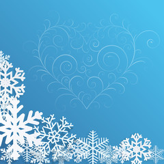 Christmas background with snowflakes and heart on blue