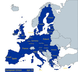 Map of Europe, with EU countries highlighted in blue