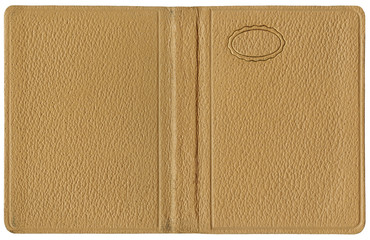 Naklejka premium Vintage open book or notebook cover with soft beige leather texture and small golden oval frame