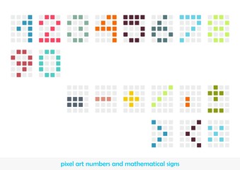 Pixel art numbers and mathematical symbols in various colors