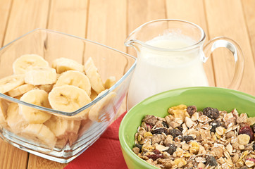 Delicious and healthy cereal in bowl with milk