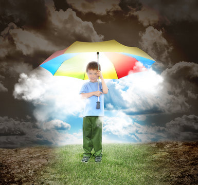 Umbrella Boy with Rays of Sunshine and Hope