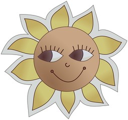 Smiling cartoon sun with big brown eyes