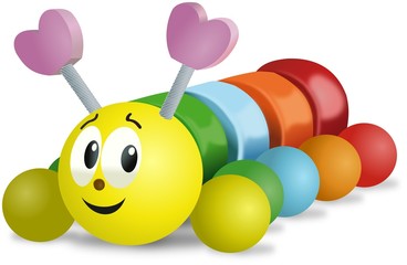 Colorful smiling wooden caterpillar toy on wheels